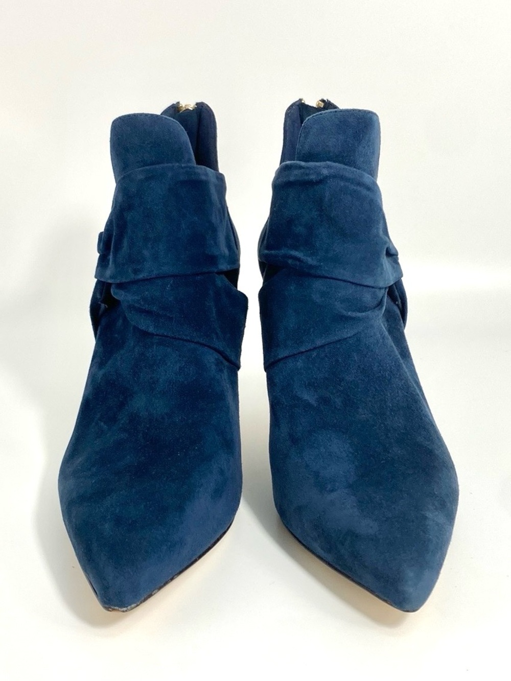 White House Black Market "Chloe" Side Twist Suede Stiletto Booties in Navy Blue - Picture 8 of 9